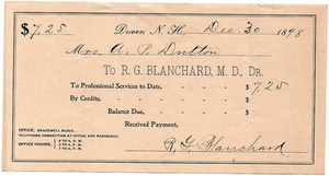 Alte signierte Quittung von 1898 - Dr. R.G. Blanchard, Dover NH - Bild 1 von 1