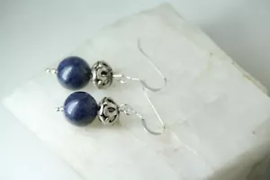 Sapphire Blue Natural Gemstone 10mm Ball 925 Sterling Silver Earrings 1 1/2" - Picture 1 of 6