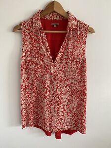 Jigsaw Red Floral M Summer Sleeveless Floaty Top Blouse Collared Silk Smart