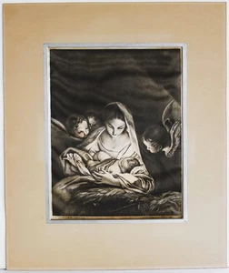 ANTIKER DRUCK ? AUF SEIDE SIGNIERT KRIPPE JESUS JUNGFRAU MARIA DIE GEBURT CHRISTI - Bild 1 von 8