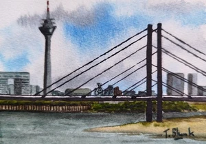ORIGINAL AQUARELL - Rheinturm und Rheinkniebrücke in Düsseldorf. - Bild 1 von 1