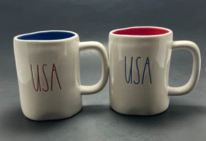 Set of 2 Rae Dunn USA Mugs Red & Blue Interior Ceramic Farmhouse Coffee Cups - Picture 1 of 7