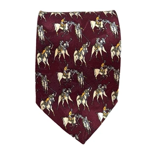 Men Classic Tie Maroon Polo Horses 100% Silk 9.5cm W 150cmL Laurant Benon France - Picture 1 of 8