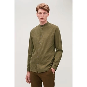COS Mens Seersucker Olive Green Grandad Collar Textured Long Sleeve Casual Shirt - Picture 1 of 10