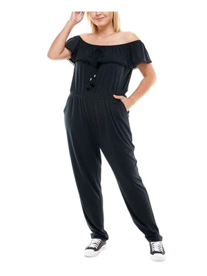 PLANET GOLD PLUS Womens Black Tie  Crochet Trim Straight leg Jumpsuit Plus 3X - Image 1 of 4
