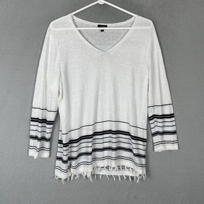 Talbots Top Women Size M White Black Striped Linen Long Sleeve - Image 1 of 4