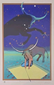 Signed Judit Nador Ltd. Ed. 77/250 Taurus Zodiac Mysticism Shaman Lithograph Art - Picture 1 of 7