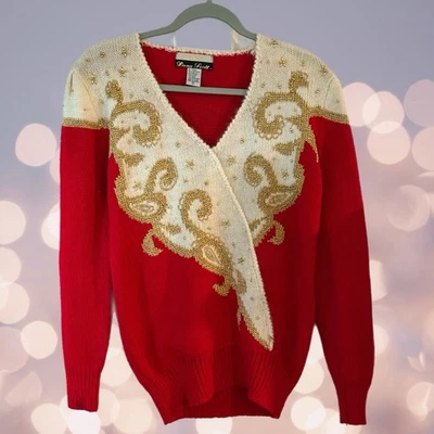 DE COLECCIÓN AÑOS 80 90 DANA SCOTT Argyle Cuello en V SUÉTER Bordado Rojo Y Dorado Foto 1 de 4