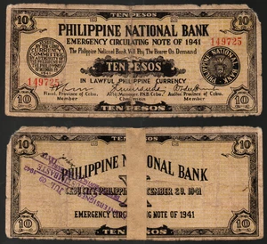 1941 PHILIPPINE Cebu S217 10 Pesos Counter Stamped Sogod, Leyte By Justimbaste - Picture 1 of 5
