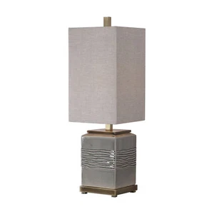 Embossed Square Gray Tall Shade Buffet Lamp | Wavy Lines Brass Bronze Beige - Picture 1 of 4