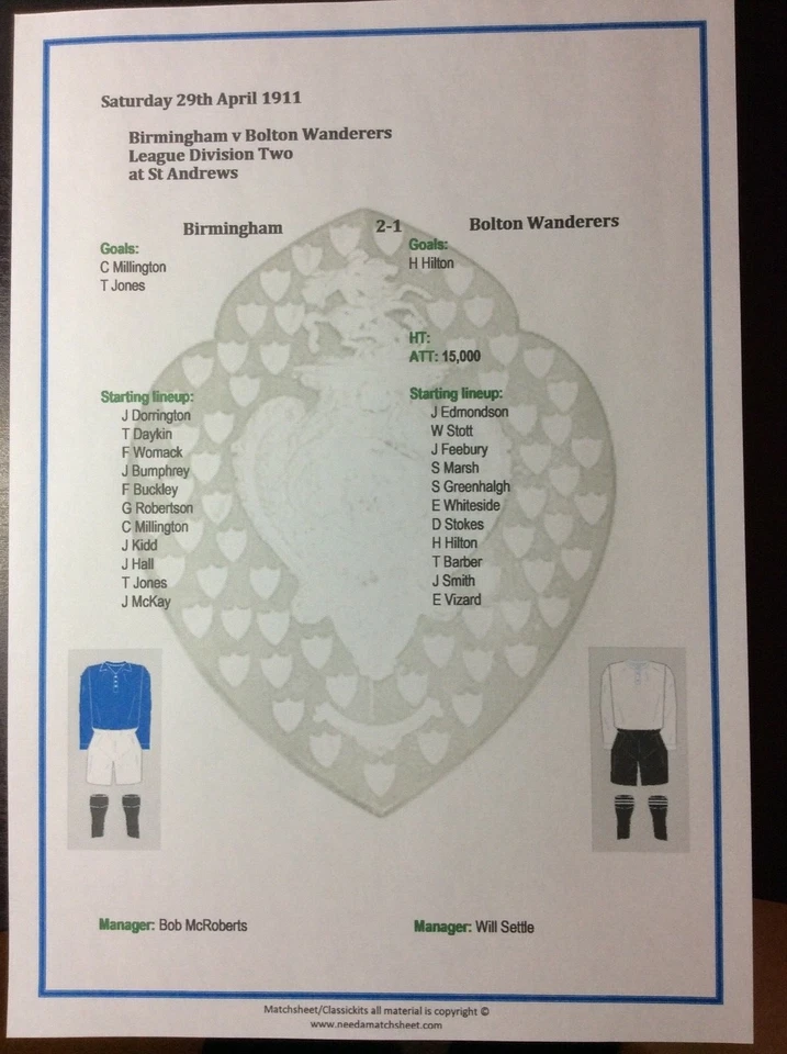 1910-11 Birmingham V Bolton Wanderers Division 2 Matchsheets  - Image 1 of 1