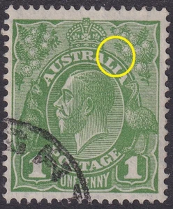 Aust KGV 1d Green. FLAW: White Scratch Above 'L' in AUSTRALIA. USED (F007) - Picture 1 of 2