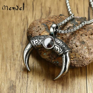 MENDEL Mens Stainless Steel Bull Buffalo Horn Pendant Necklace Chain For Him Men - Picture 1 of 6