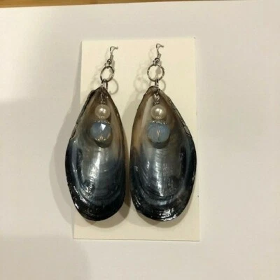 Genuine Mussel Shell Earrings with Blue Accent Bead and White Pearl. Handmade - Image 1 of 4
