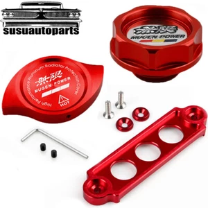 Red Engine Oil Filler Cap + Radiator Cap +Battery Tie Down w/ Washer Bolt JDM - Picture 1 of 11