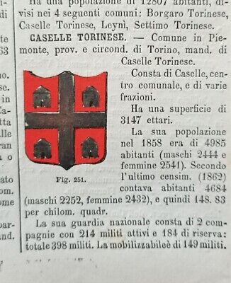 1878-caselle Torinese-torino-piemonte-stemma Comunale Acquerellato-araldica • 14.99€
