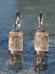 Morganite Labcreated Octagon Cut Dangle Leverback Earrings 14kt Solid White Gold - Picture 1 of 12