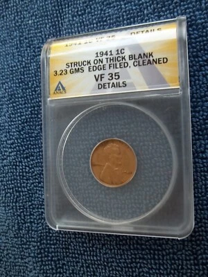 1941 LINCOLN CENT ANACS VF 35 STRUCK ON THICK BLANK 3.23 GRAMS DETAILS - Image 1 of 4