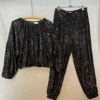 Conjunto de 2 piezas pantalones jogger y top coordinadores de lentejuelas negras Tatiana M/L Gianni Bini Foto 1 de 4