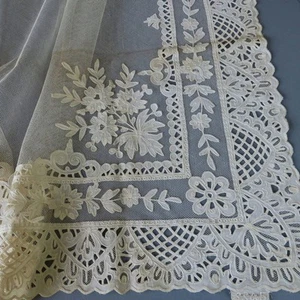 Antique TAMBOUR LACE Panel SAMPLE Needlerun FLOWERS w Muslin APPLIQUES Openwork - Picture 1 of 7