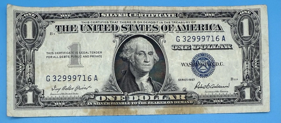 One Dollar 1957 $1 Blue Seal Silver Certificate Note Serial: G 32999716 A - Image 1 of 2