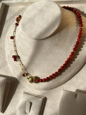 Collana Giada Rosso Corallo Catena,Chiusura Argento 925 Dorata Fatta A Mano 4in1 - Immagine 1 di 4