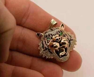 1.90Ct Round Cut Real Moissanite Men's Lion Face Pendant 14K Rose Gold Plated - Picture 1 of 7