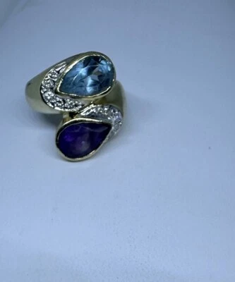 Anillo Amatista Gota Lágrima Diamantes Topacio Azul Oro 14K Talla 5 Piedras Preciosas Regalo Foto 1 de 4