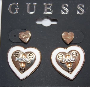 NWT Guess Gold Metal-Clear Rhinestones-White Enamel, 2 Pair Earrings - Picture 1 of 2