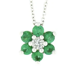 NEW 14k White Gold 0.83ct Diamond & Emerald Halo Flower Cluster Pendant Necklace - Picture 1 of 6