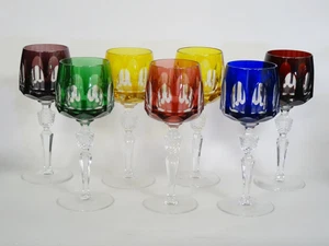 SET of 7 VINTAGE 60's MODERNIST GERMAN BOLD CUT CRYSTAL STEM WINE GOBLET ~ 8"