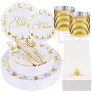 175 Pieces Christmas Plastic Plates - Christmas Gold Plastic Plates include 2... - Picture 1 of 9