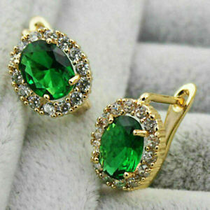 4Ct Oval Lab Created Emerald Diamond Halo Fine Stud Clip Earrings 18K YGold Fn