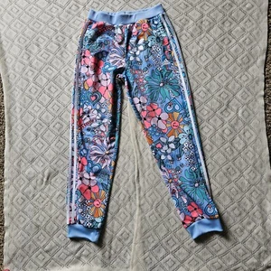 Adidas Joggers Girls XL 16 All Over Print Tricot Floral Hearts Peace Sign - Picture 1 of 4