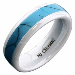 White Ceramic Wedding Band, Choose From Koa Wood or Turquoise Inlay Unique rings - Picture 1 of 11