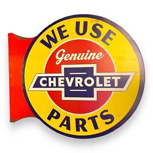 Chevrolet Genuine We Use Parts Double Sided Flange Metal Sign Distressed Finish - Picture 1 of 10