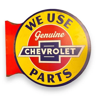 Chevrolet Genuine We Use Parts Double Sided Flange Metal Sign Distressed Finish - Image 1 of 4