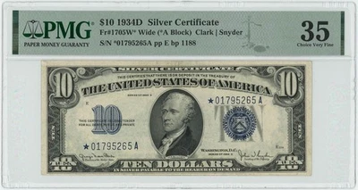 FR. 1705W* $10 1934D Silver Certificate STAR PMG VF35 949353-30 - Image 1 of 3