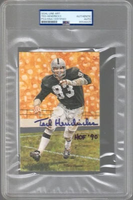 TED HENDRICKS AUTOGRAPHED HOF GOAL LINE ART CARD     RAIDERS     JSA+PSA SLABBED — 第 1/2 张图片