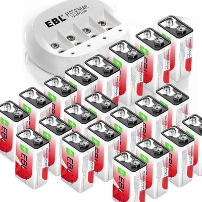 EBL 9V 600mAh Li-ion Rechargeable Batteries Lot / Optional 4Slot Lithium Charger - Image 1 of 4