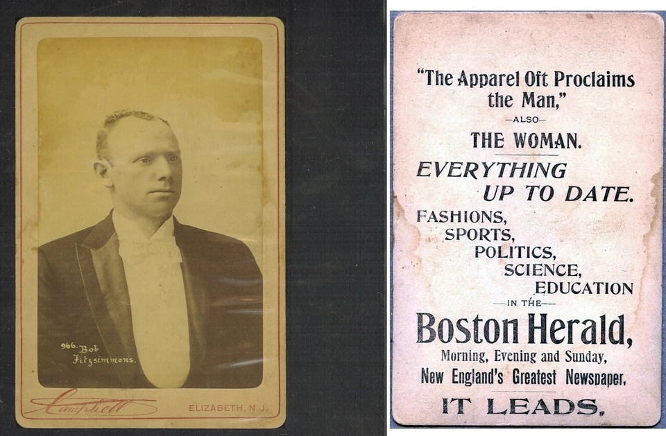 1895 Campbell Cabinet Bob Fitzsimmons w/Boston Herald Ad Back N566 Newsboy Image - Image 1 of 1
