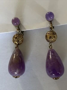 VTG Hong Kong Gold Tone Purple Dangle Clip On Earrings Marbleized Lucite 2.15” - Picture 1 of 6