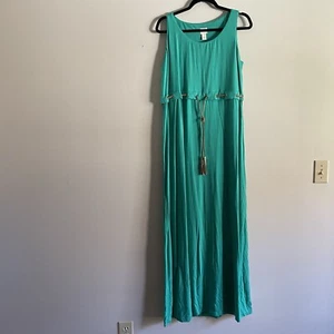 Chicos Sz 2 US L Green Jersey Knit Stretch Tasseled Tie Belt Tank Maxi Dress NWT - Picture 1 of 13