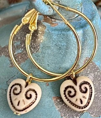 Etched Ivory Heart and Gold Dangle Hoop Earrings. Love. - Image 1 of 2