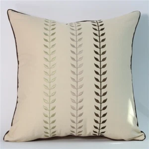 Beige Cotton Cushion Cover with Embroidered Leaves 45×45cm - Picture 1 of 4