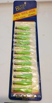 Новые из старых запасов краппи-трубки Better Baits 12 джигов Pee Wee 1/32 унции.  HOT GREEN форель panfish  - Изображение 1 из 4