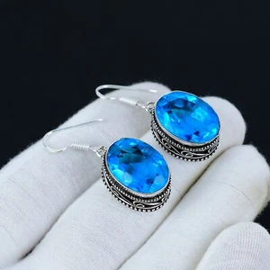 Orecchino In Argento Sterling 925 Fatto A Mano In Topazio Blu Svizzero Per Donne - Foto 1 di 4