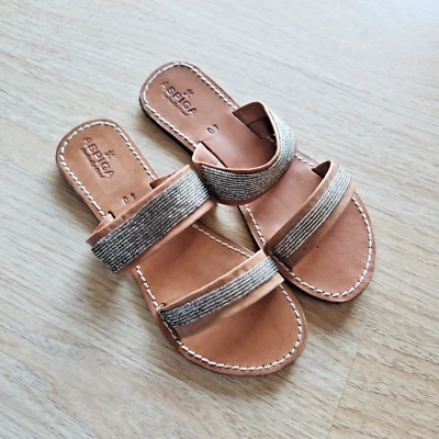 Sandalias Aspiga hechas a mano de cuero con cuentas correderas correa punta abierta marrón EU40 Foto 1 de 4