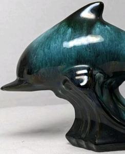 BLUE MOUNTAIN POTTERY JUMPING DOLPHIN DRIP GLAZE TURQUOISE BLACK WAVES 7" - Picture 1 of 8