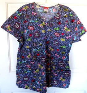 Dickies Womens Medical Scrub Top Size Large S/S Purple Love Butterflies Bees - Picture 1 of 7